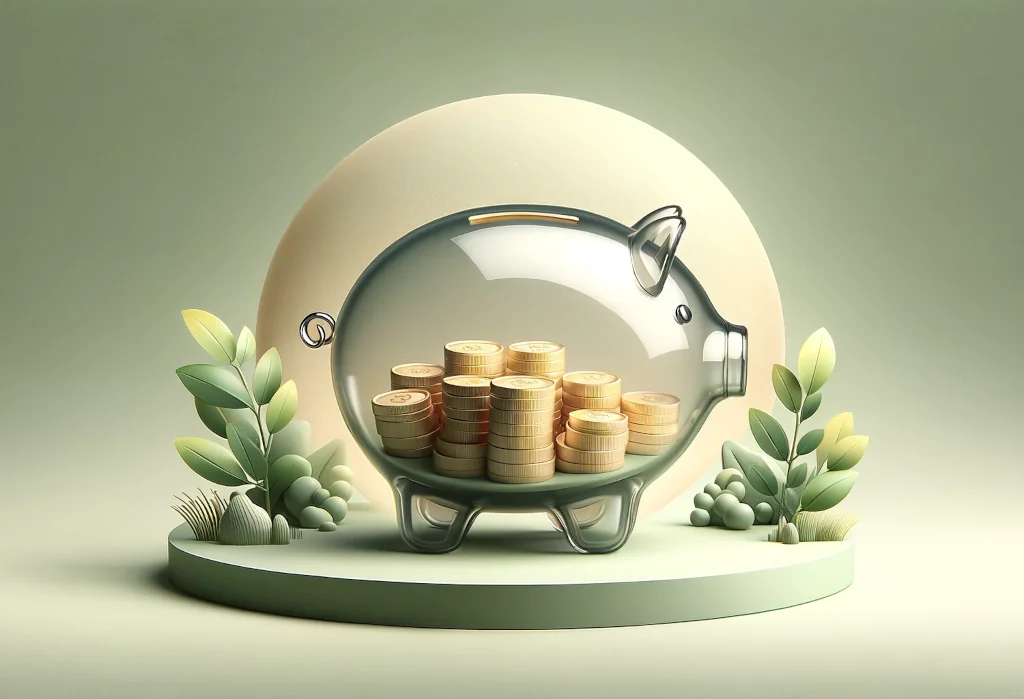 Transparent piggy bank with coins, surrounded by green leaves