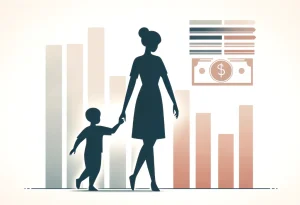 Silhouettes of parent and child with financial bars symbolizing support