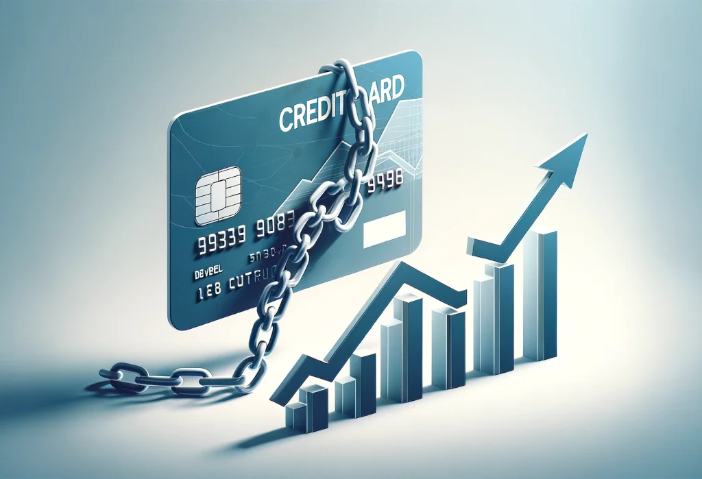 Credit card with chain and ascending graph symbolizing debt reduction