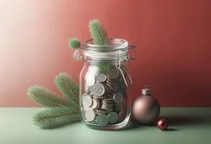 Glass jar with coins and subtle holiday decorations