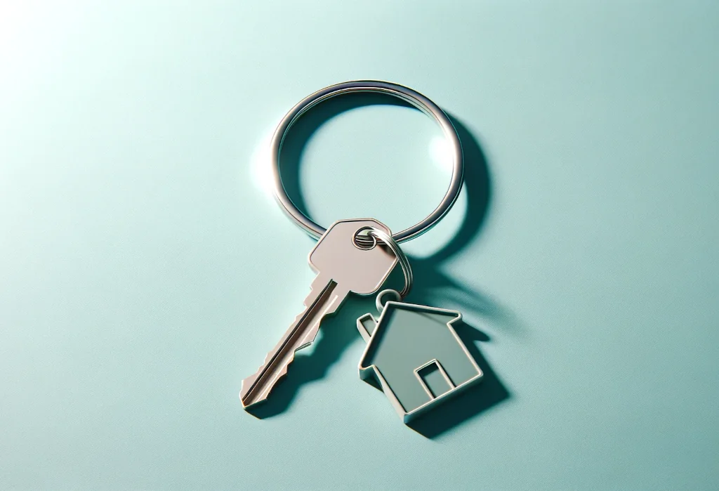 Modern keychain with house key on a soft colored background