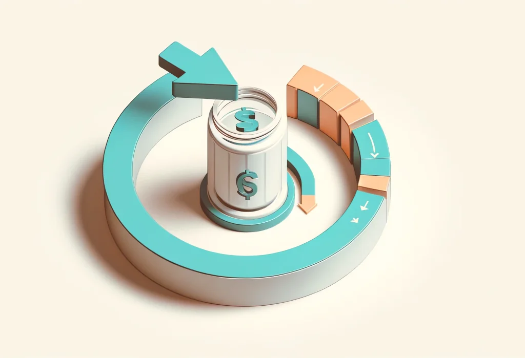 Abstract cycle with arrow directing into a segmented savings jar