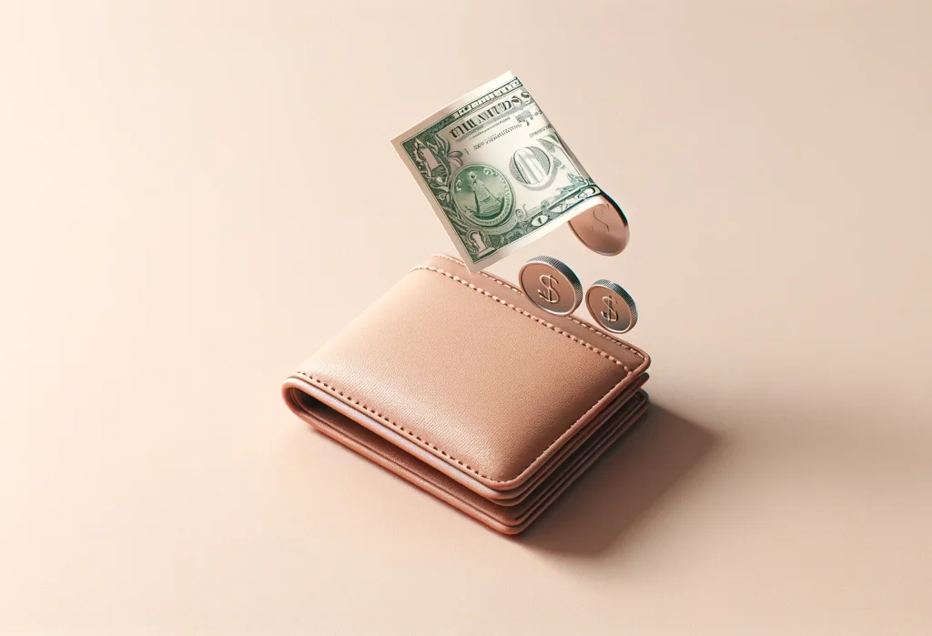 Stylish wallet with coins and bill on muted background