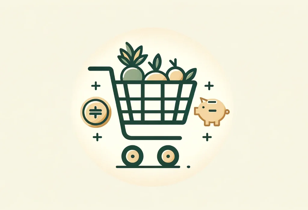 Shopping cart with food and piggy bank, symbolizing grocery budgeting