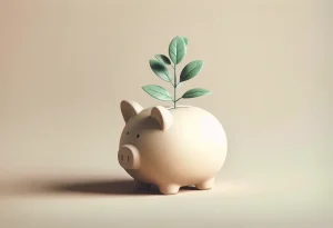 Classic piggy bank and small plant on a calm background