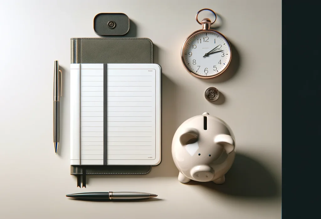 Modern desk with open notebook, pen, and a ceramic piggy bank