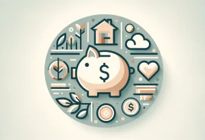 Piggy bank with home, heart, and coin icons, symbolizing family budgeting