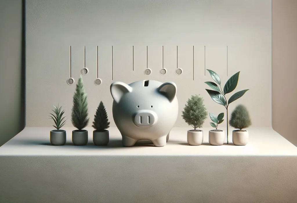 Classic piggy bank with seven small plants