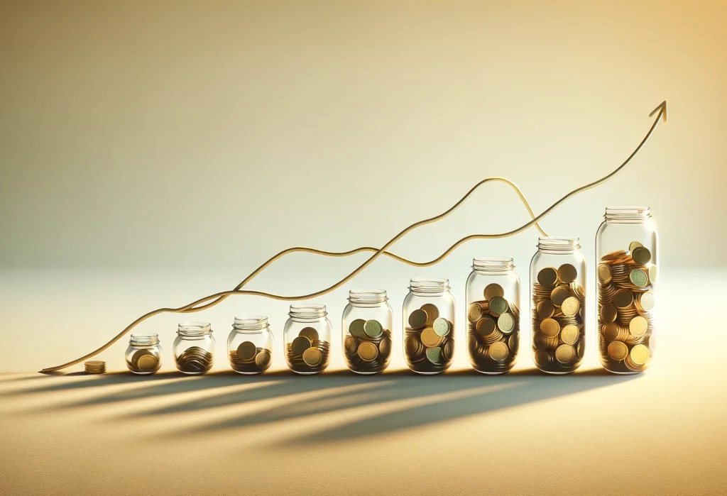 Progressive jars partially filled with golden coins on muted background