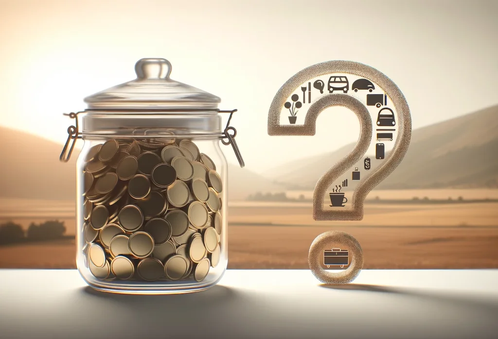 Jar with coins and abstract question mark shape on muted background