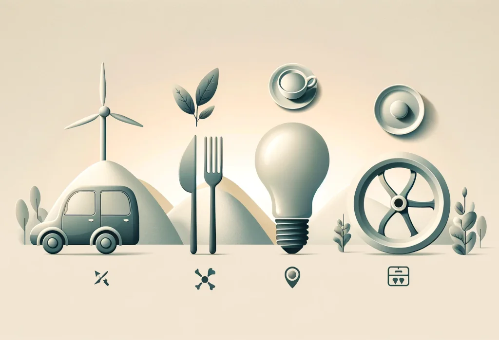 Minimalistic symbols of a light bulb, plate with cutlery, and vehicle