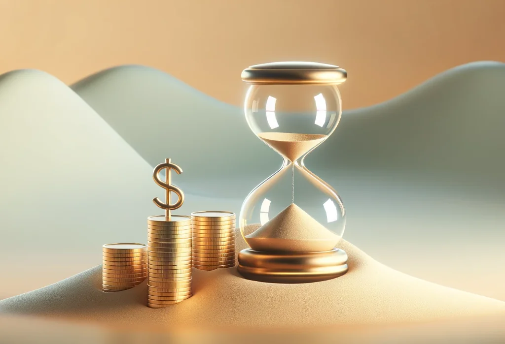 Hourglass and increasing stack of golden coins on muted background