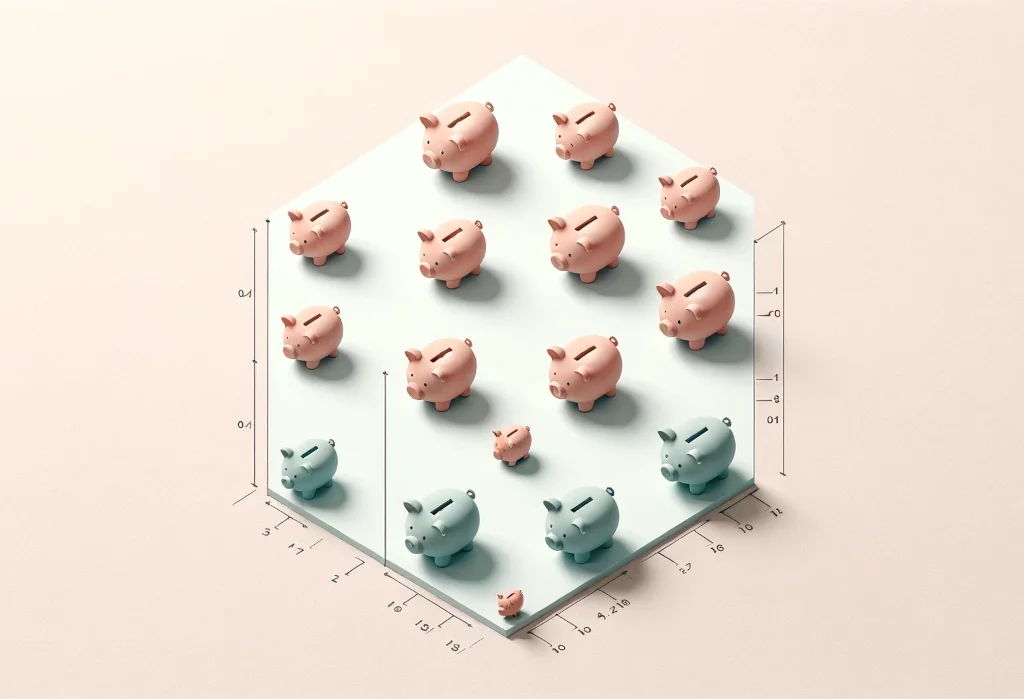 Grid of identical piggy banks on a pink background