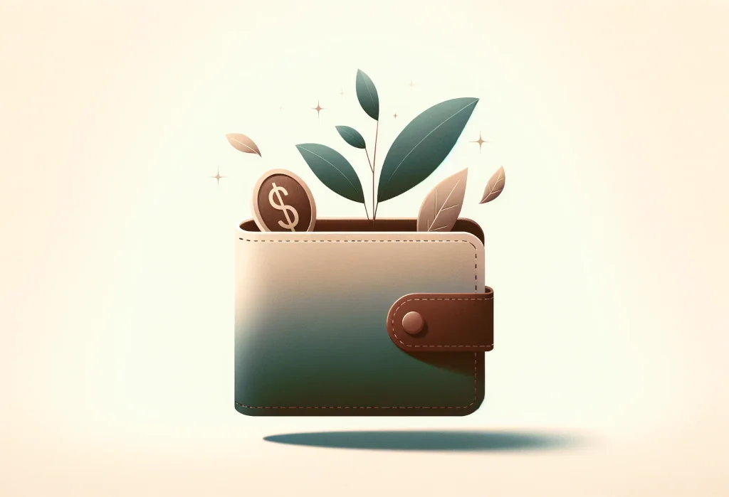 Wallet with leaf and feather on a serene background