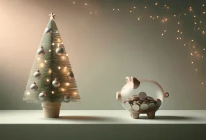 Elegant Christmas tree beside a transparent piggy bank with coins