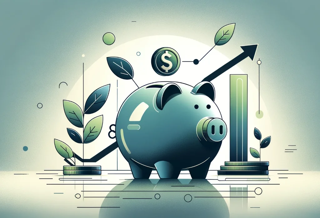 piggy bank in the center, with stylized elements representing financial growth and discipline