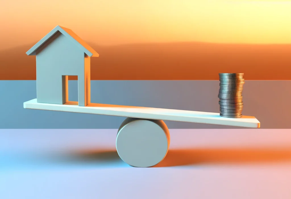 Seesaw with house and coins on gradient background