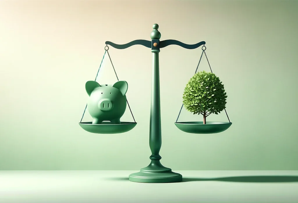 Scale balancing piggy bank and growing tree on gradient background