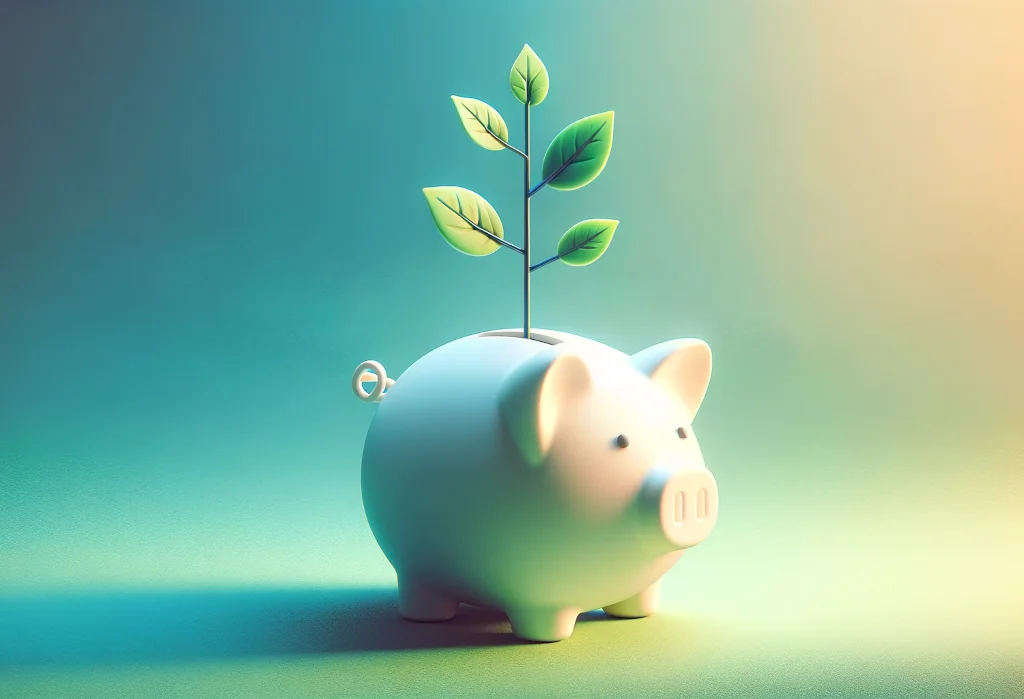 Piggy bank with plant sprouts on financial gradient background