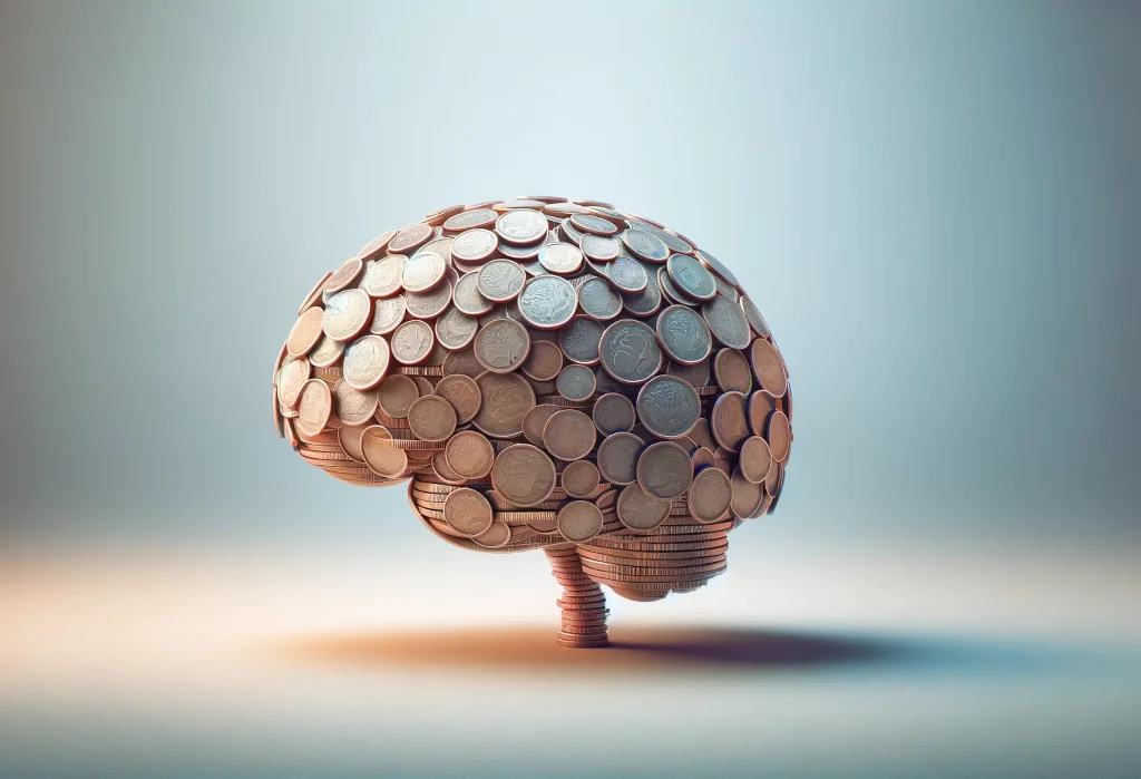 Brain made of coins on intellectual gradient background