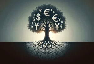 Oak tree with currency symbol roots on gradient background