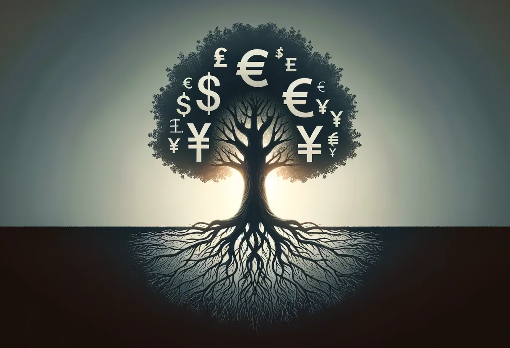 Oak tree with currency symbol roots on gradient background