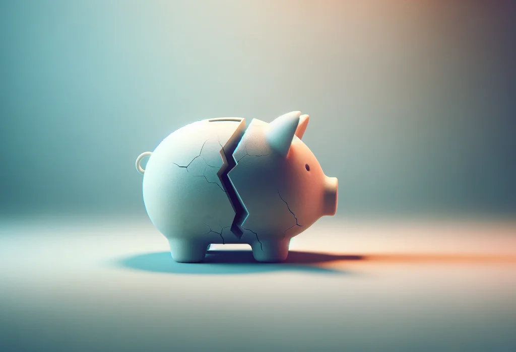 Empty piggy bank with a crack on a gradient background