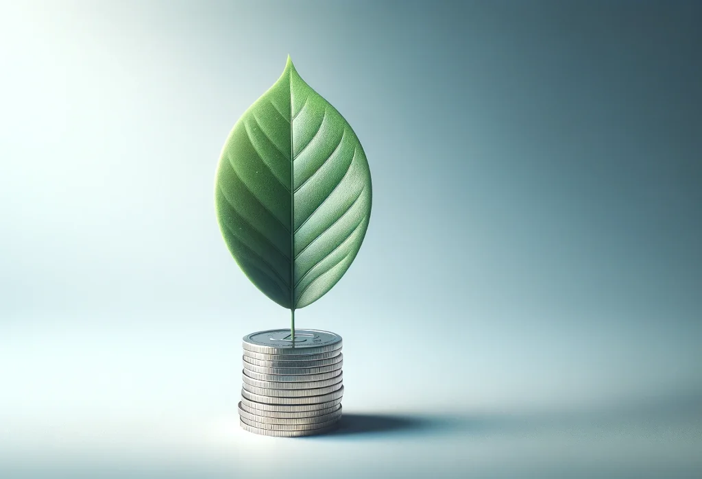 Single leaf on a coin stack with gradient background