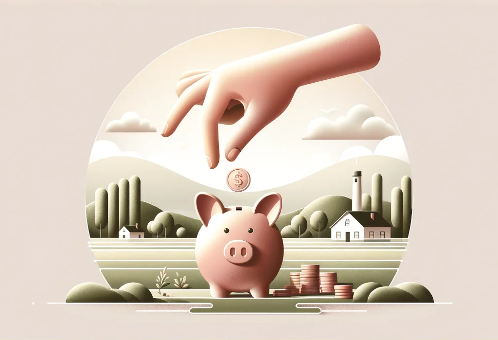 Minimalistic child's hand placing coins into a savings jar