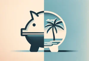 Piggy bank and palm tree on divided background