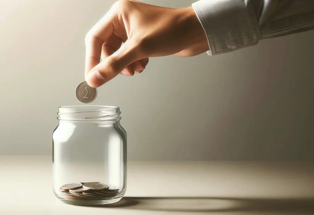 Hand placing a coin into a clear glass jar