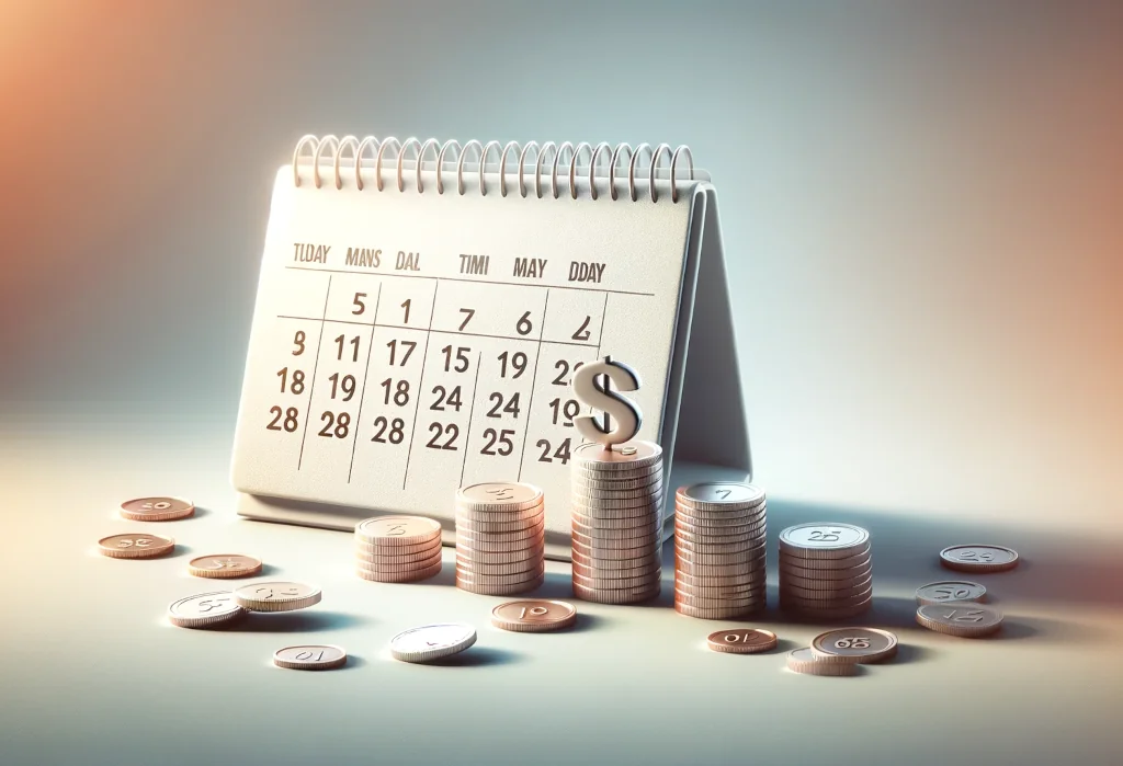 Calendar with coins around its base on gradient background