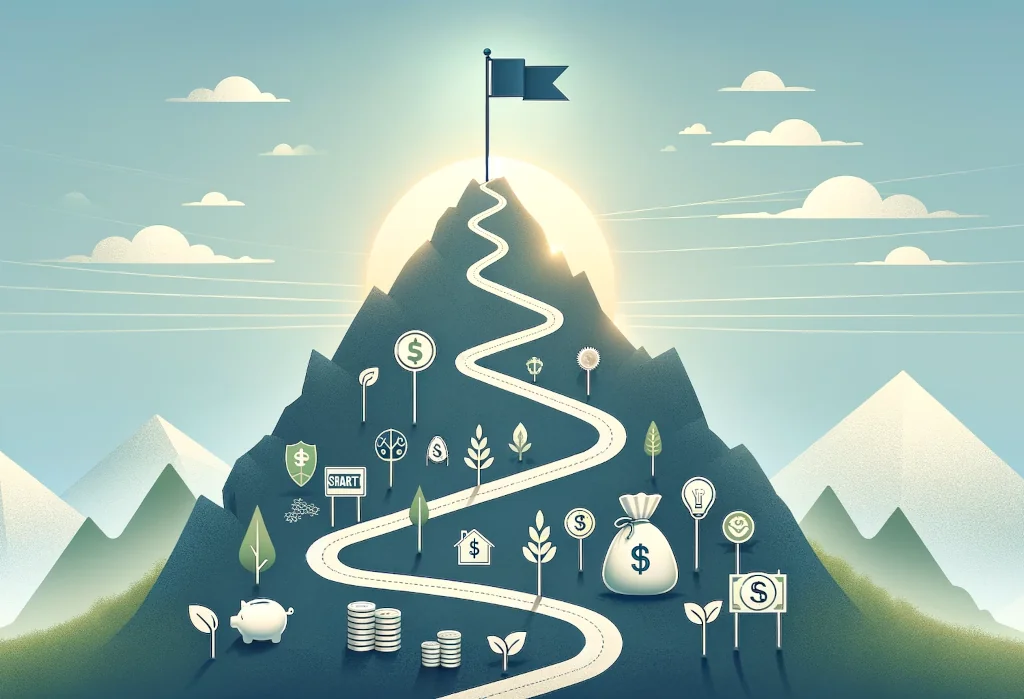 Path to mountain peak with flag and savings icons on gradient sky