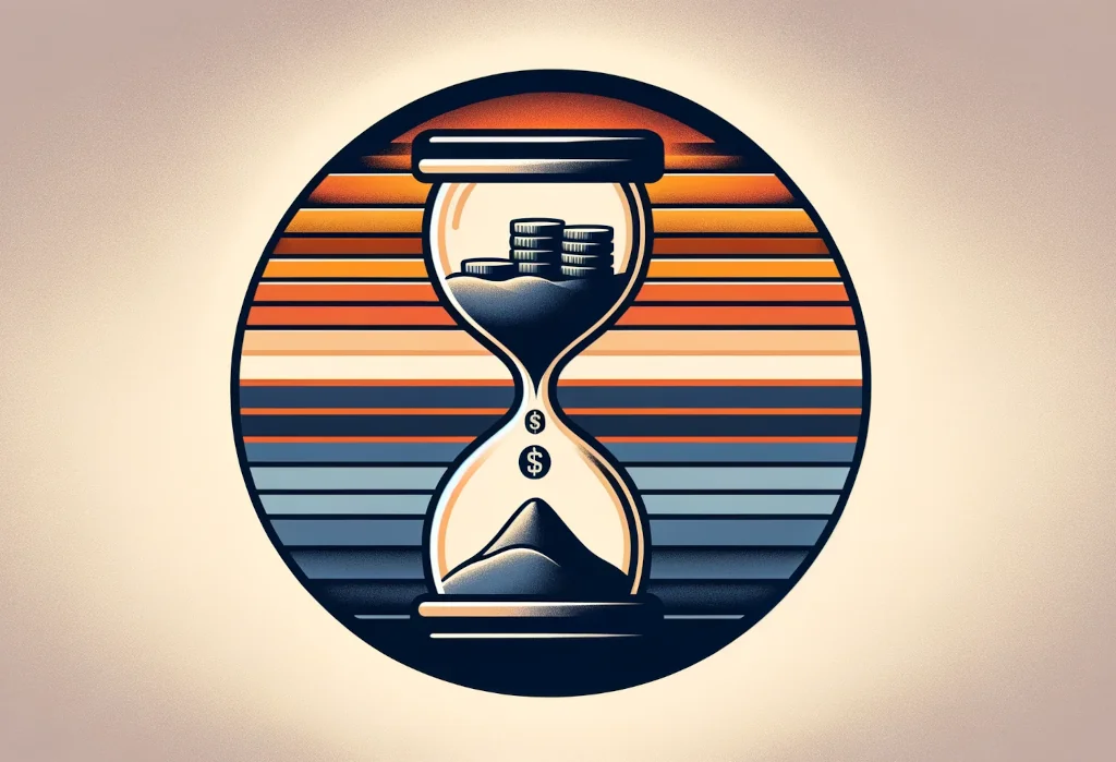 Hourglass with coins and time passage background