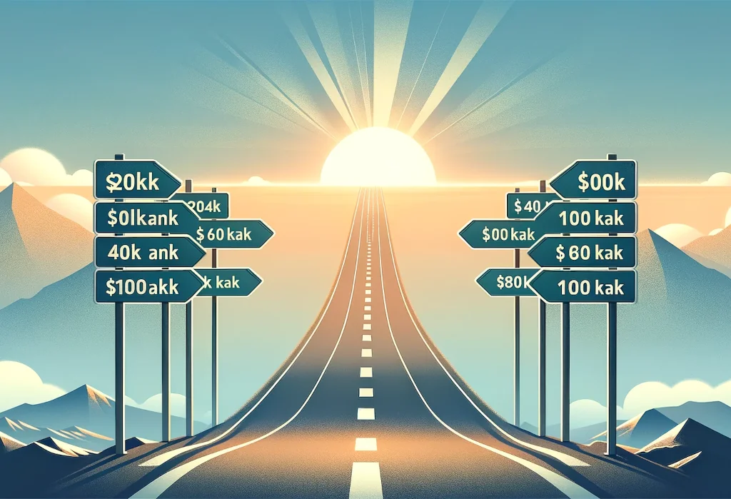 Road with savings milestones towards '100K' on horizon gradient