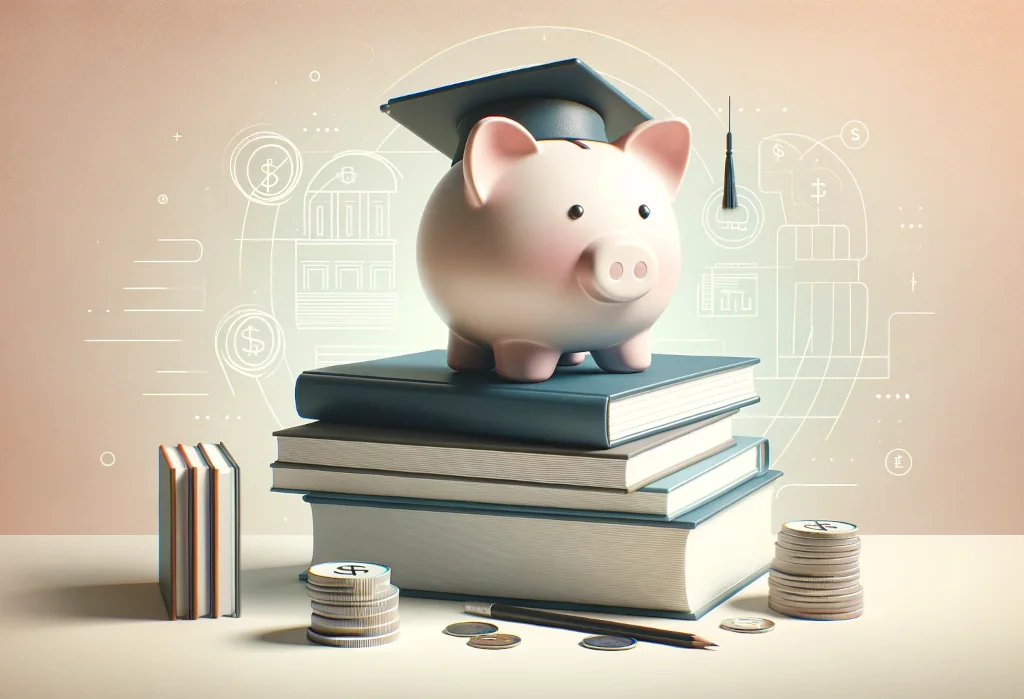 Stack of textbooks next to a piggy bank on gradient background