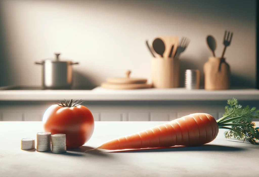 Fresh vegetable and coins on kitchen gradient background