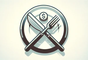 Plate with cutlery and coin on gradient background