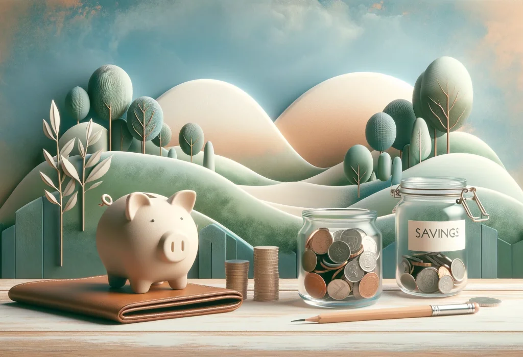 Wallet, piggy bank, and savings jar, symbolizing frugal living