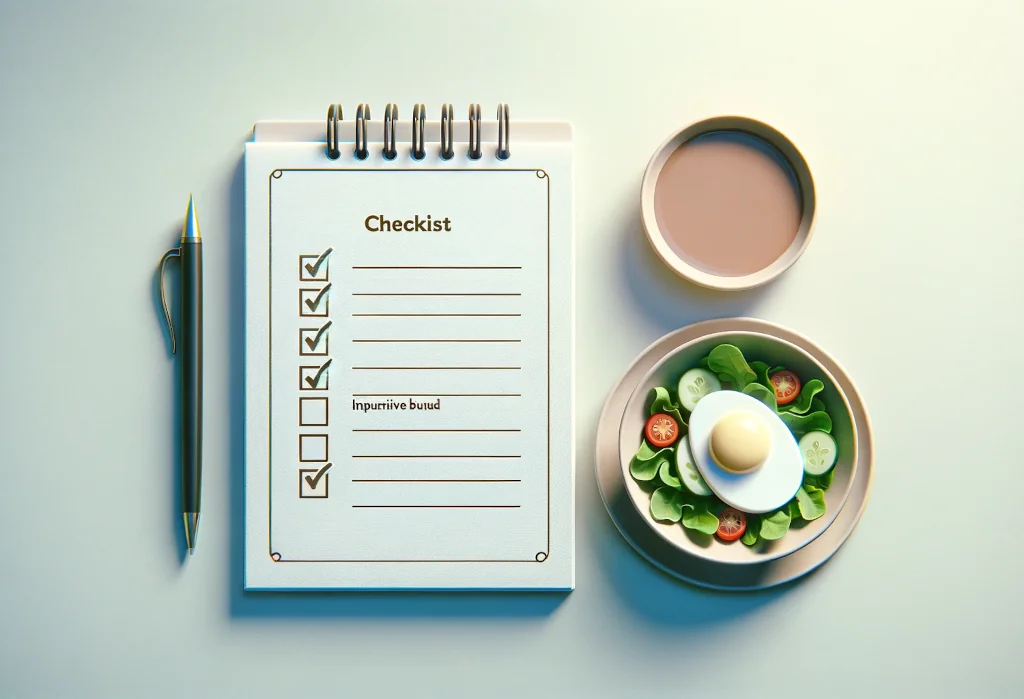 Notepad with checklist and healthy meal on gradient background