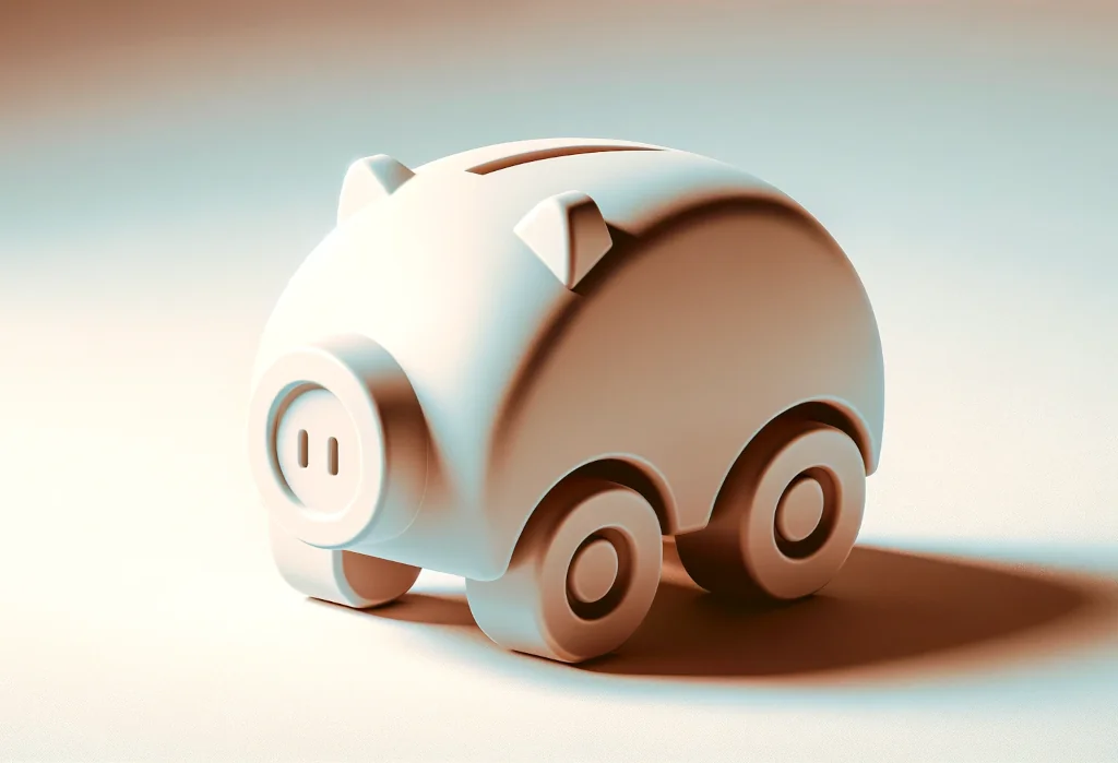 Stylized piggy bank shaped like a car on neutral background