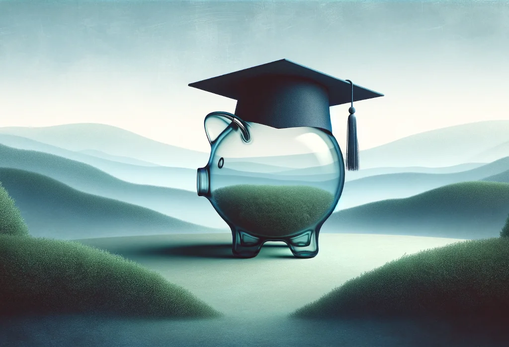 Graduation cap piggy bank on a serene academic background