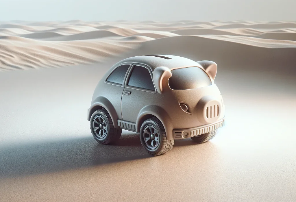 Car-shaped piggy bank on a light surface, indicating car purchase savings