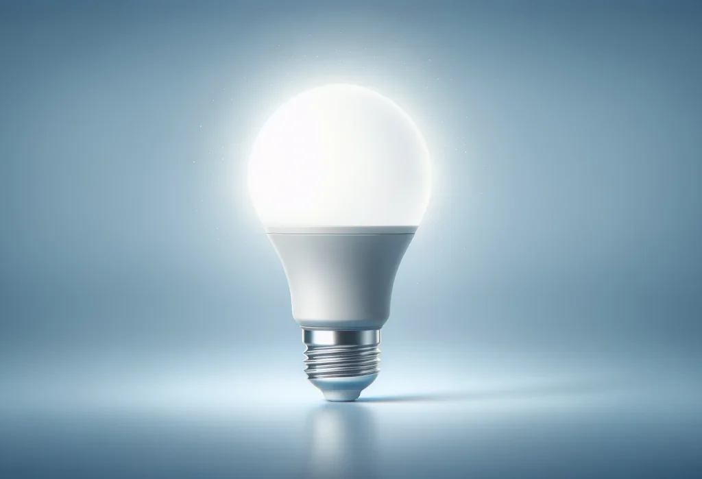 LED light bulb glowing on gradient blue background