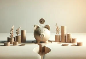 Divided piggy bank and separate coin piles, symbolizing financial preparation