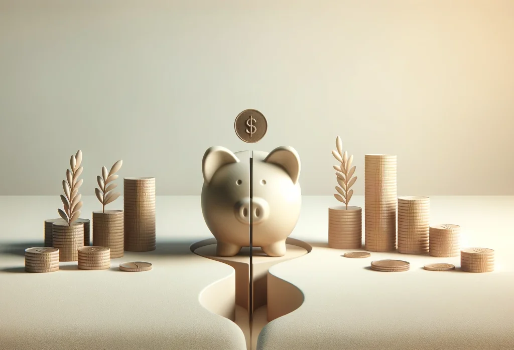 Divided piggy bank and separate coin piles, symbolizing financial preparation