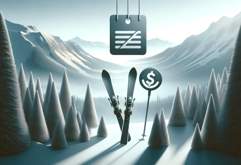 Minimalist skis with a discount symbol, symbolizing budget skiing