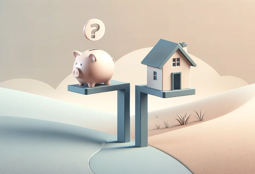 Piggy bank and house symbolizing saving vs. buying choice