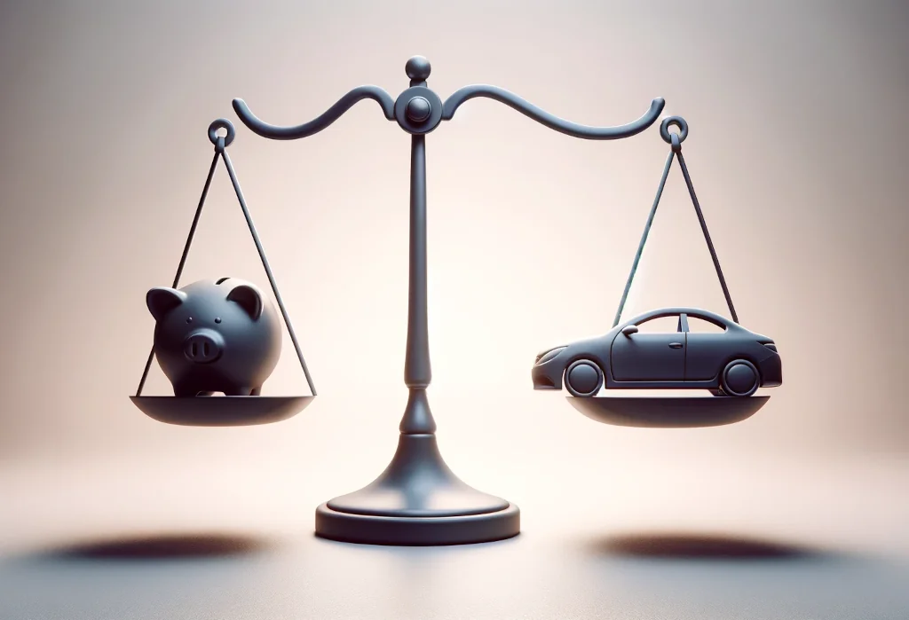 Balance scale with piggy bank and car on neutral gradient