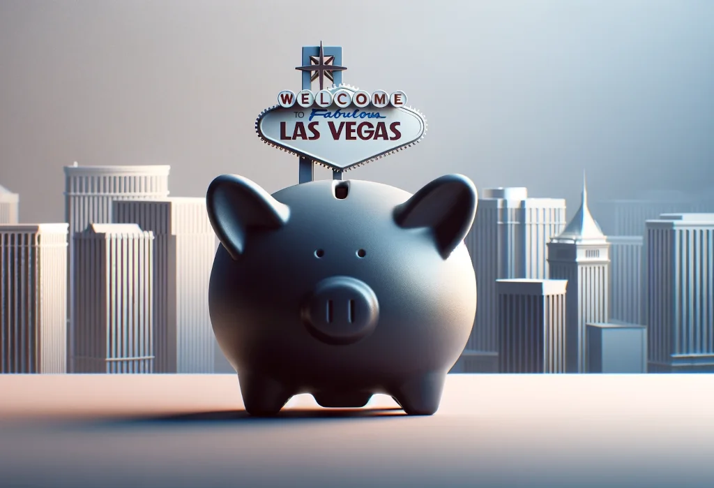 Stylized piggy bank shaped like the Las Vegas sign, promoting budget travel